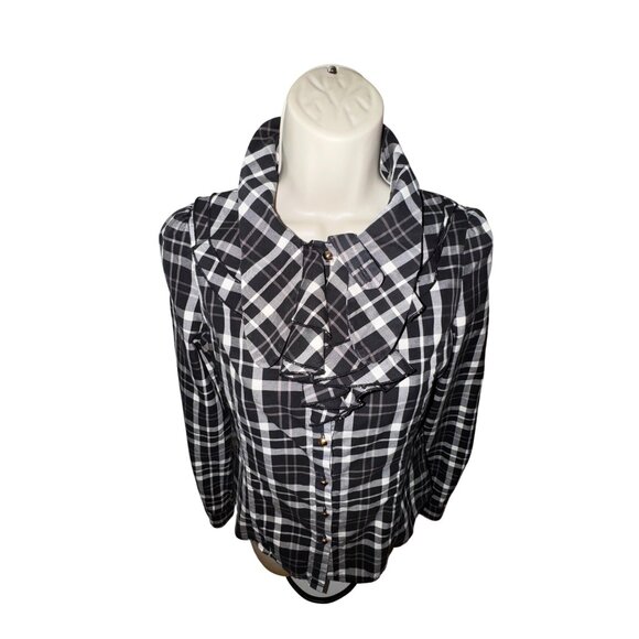 Ochirly Plaid Ruffled Blouse Small Black/White Western Prairie Cottage Preppie - Picture 4 of 12